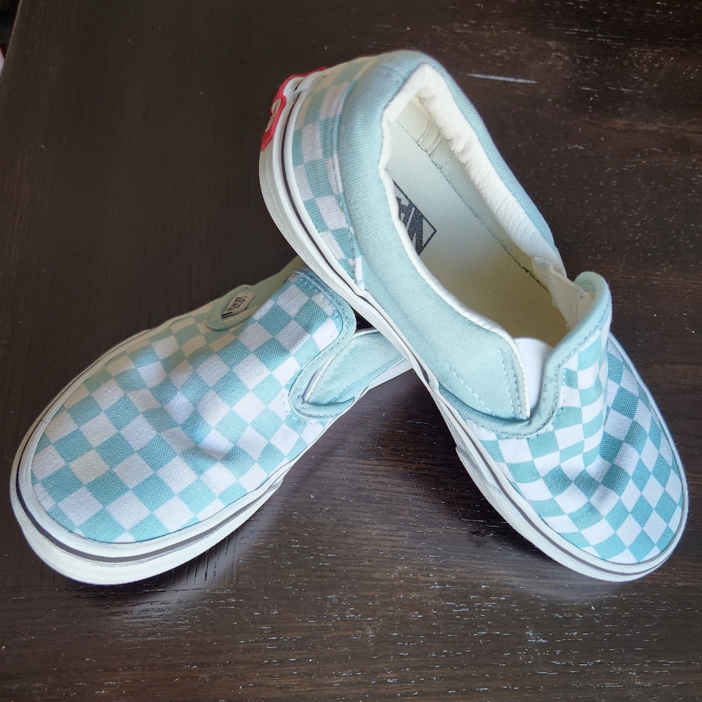 Vans Kids Checkered Slip-On Sneakers - Light Blue and White